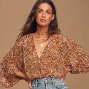 Lulus Promises Kept Brown Floral Print Sheer Smocked Top women's large cottage